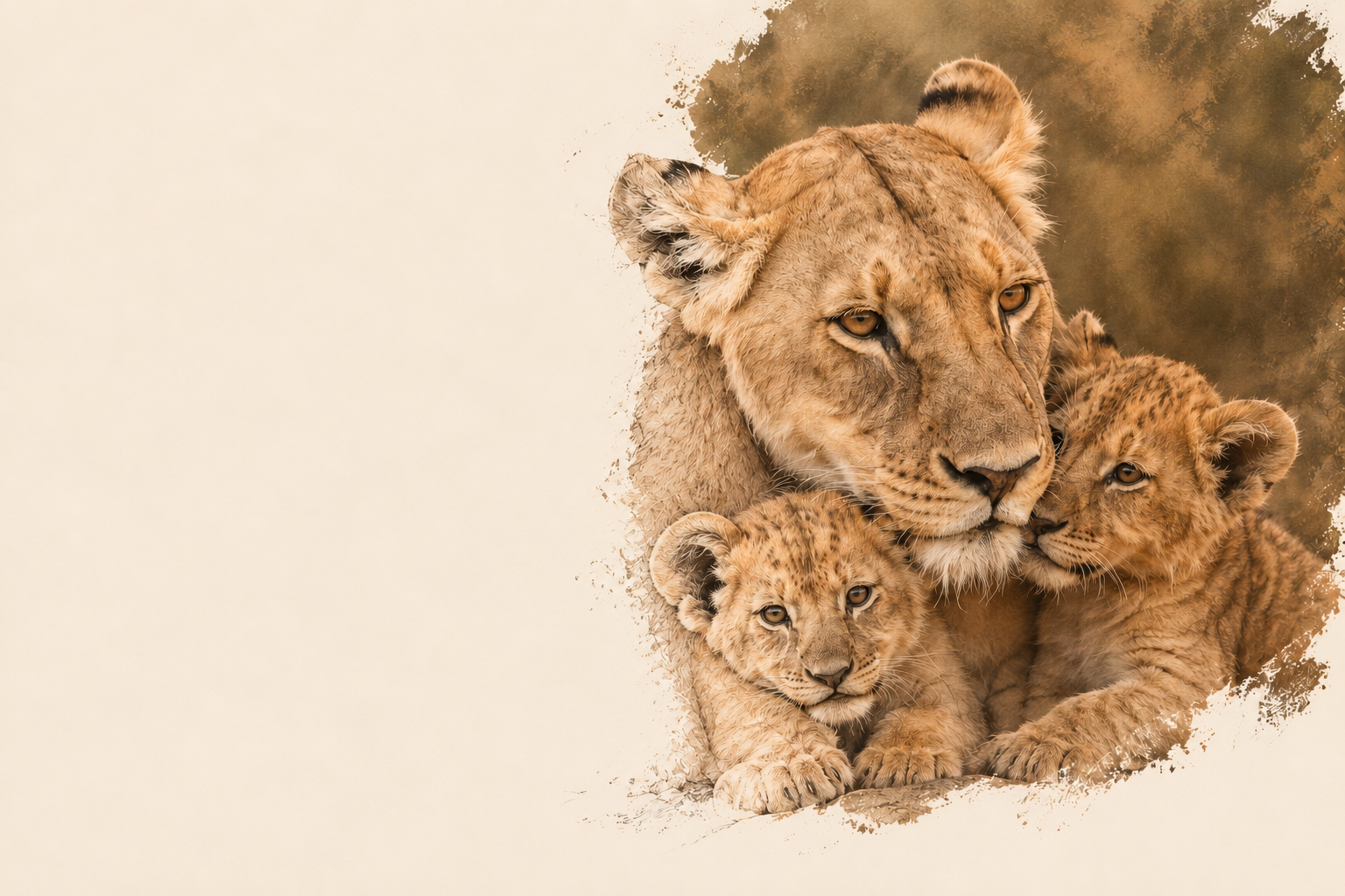 Una leona abraza a sus cachorros entre trazos de dibujo y fotografía