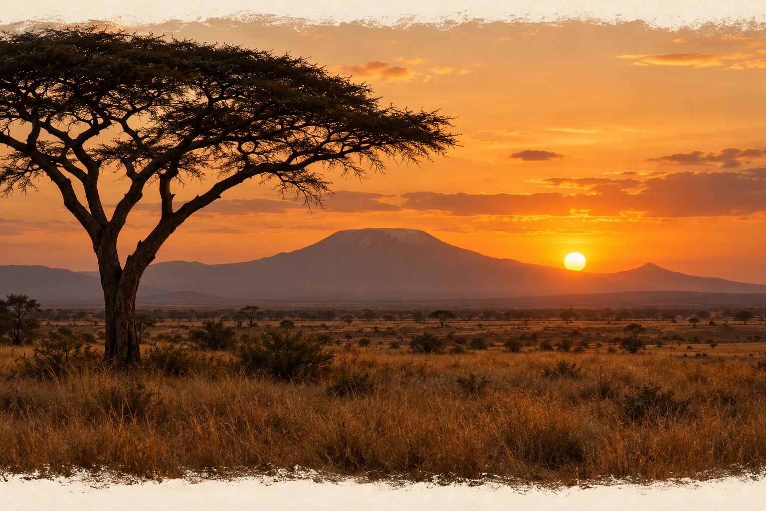 Una acacia y la sabana africana bajo la luz del atardecer